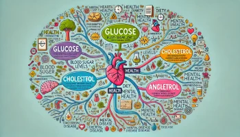 DALL·E 2024-07-17 15.48.06 - A detailed mind map with the central theme of health. The three main branches are labeled 'Glucose,' 'Cholesterol,' and 'Mental Health.' Each main bra